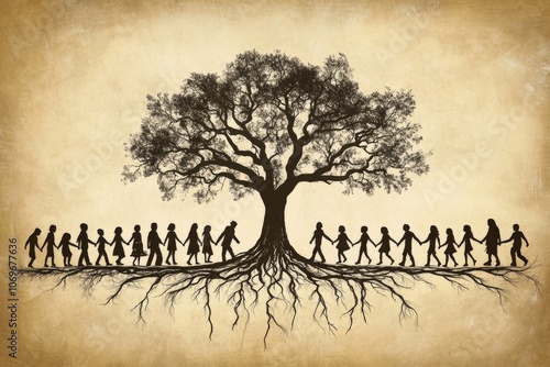 Digital illustration large tree multiple branches roots center Genealogy chart depicting lineage