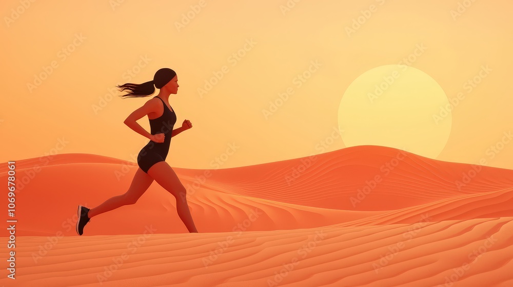 Woman Running in Desert Landscape with Setting Sun Woman Running in Desert Landscape with Setting Sun