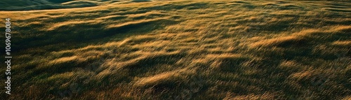 Golden Grass Blades Swaying in the Wind on a Green Hillside