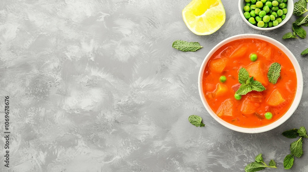 Fresh Minty Green Pea Soup Top View with Lemons Fresh Minty Green Pea Soup Top View with Lemons