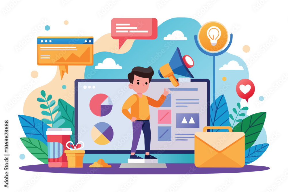 Fototapeta premium Man Presenting Digital Marketing Strategy With Charts and Megaphone