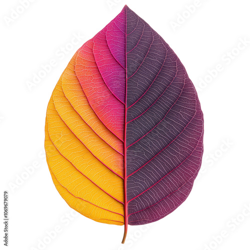 Colorful leaf with vibrant gradient, white isolate background.