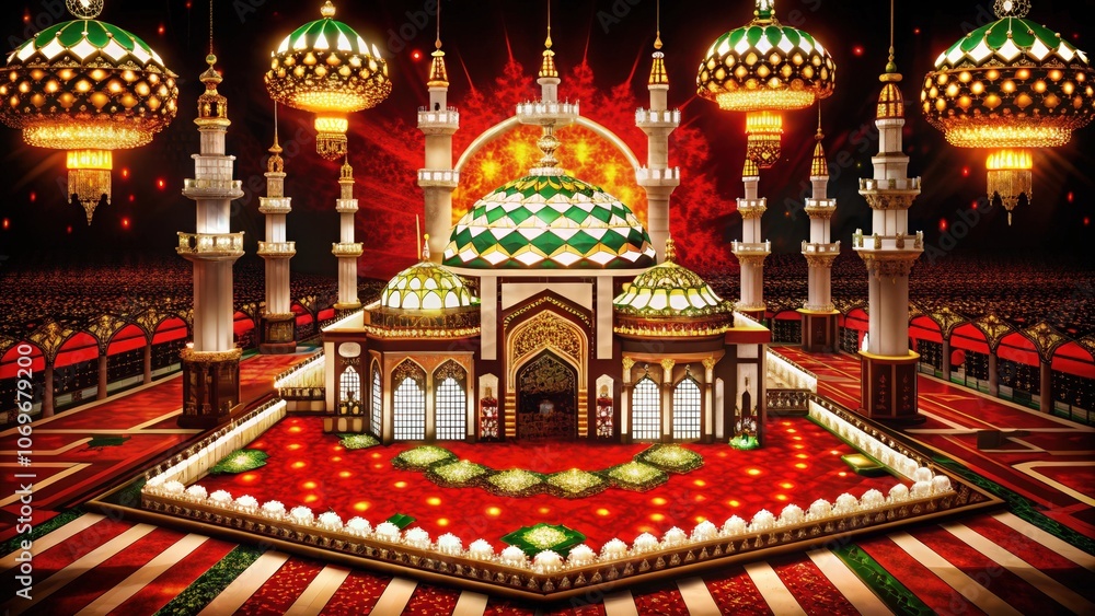 Obraz premium Ornate Mosque with Red and Gold Decor and Glowing Lanterns