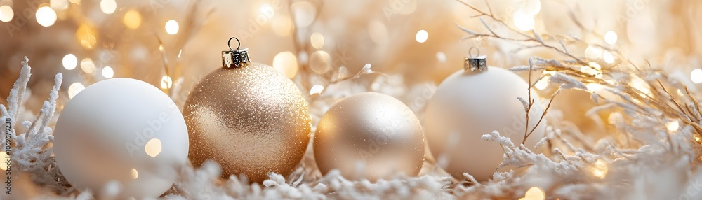 White and Gold Christmas Ornaments in a Snowy Setting with Bokeh Lights White and Gold Christmas Ornaments in a Snowy Setting with Bokeh Lights