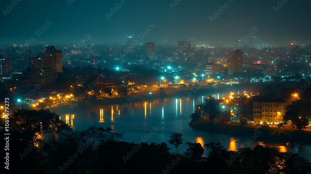 A panoramic night view of a city with a river running through it, with tall buildings, street lights, and a hazy atmosphere. A panoramic night view of a city with a river running through it, with tall buildings, street lights, and a hazy atmosphere.