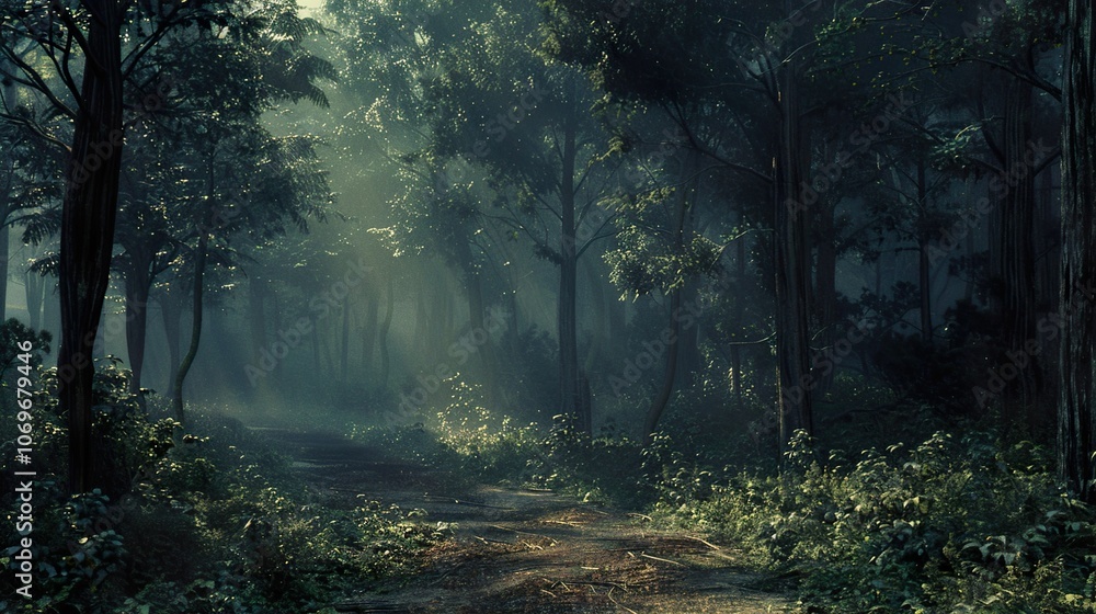 Fototapeta premium Enchanted Forest Path: Sunlight Through Misty Trees