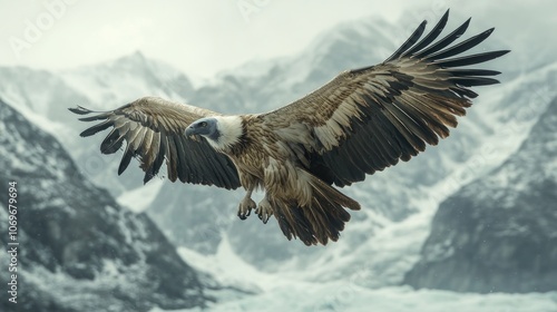 A majestic lammergeier soaring over a snowy mountain range