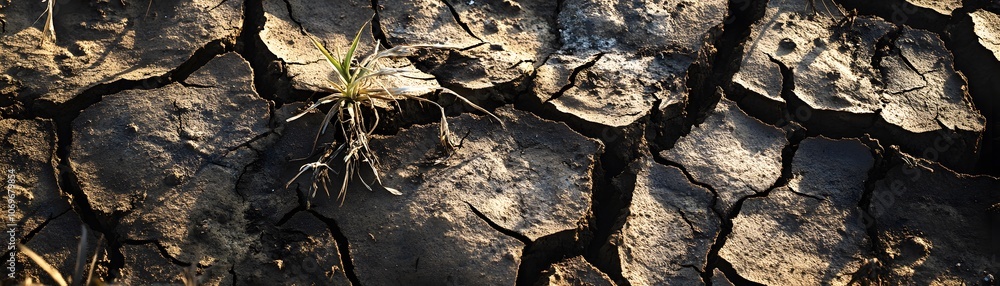 A lone plant struggles to survive in cracked, dry soil A lone plant struggles to survive in cracked, dry soil