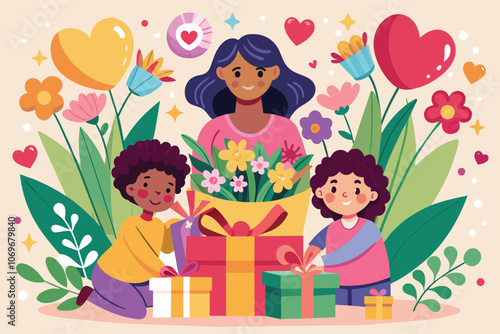 Children Giving Gifts to Mother With Flowers and Hearts