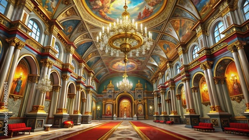 An ornate interior with a gold-trimmed ceiling, paintings, and a red carpet.