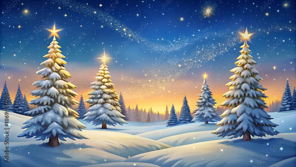 Snowy landscape with Christmas trees at sunset Snowy landscape with Christmas trees at sunset