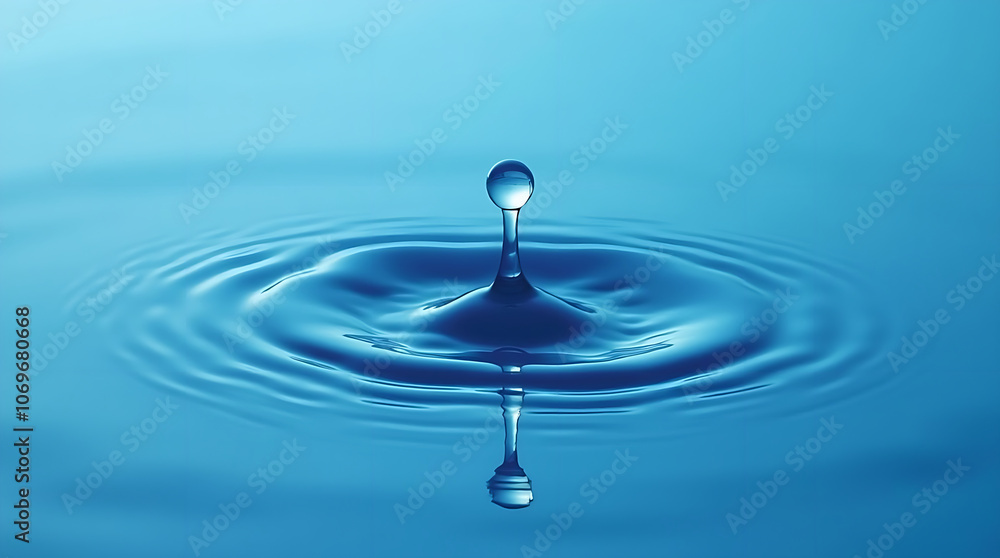 A water drop falling into calm water creating ripples and reflections on a blue surface. A water drop falling into calm water creating ripples and reflections on a blue surface.