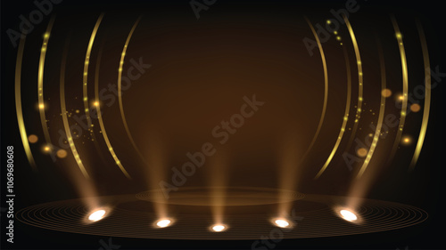 Black and Gold background abstract Stage hall geometric shapes luxury design wallpaper.Realistic layer elegant futuristic glossy light.Cover layout template.