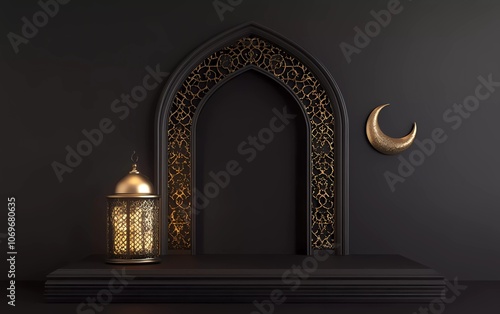 3D rendering of a black background with a Ramadan Islamic concept design