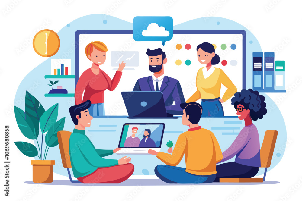 Remote Team Meeting With Laptop And Cloud Icon Remote Team Meeting With Laptop And Cloud Icon