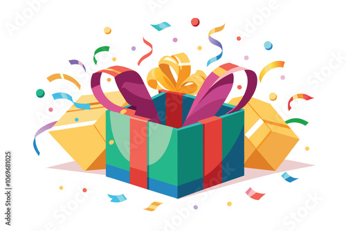 Open Gift Box With Confetti and Ribbon Illustration