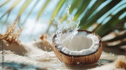 A fresh coconut rests on the warm sand, water splashing around it as sunlight highlights the tropical scenery. Lush green palm leaves frame the scene, creating a serene coastal vibe.