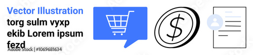 Shopping cart icon in blue, dollar coin, user profile, and document outline elements in black. Ideal for online shopping, e-commerce, transactions, user profiles, documentation, business operations