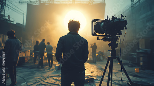 Dynamic Film Production Crew Working in Studio at Sunset