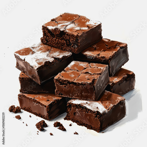 Scrumptious chocolate brownies stacked on a clean white background, showcasing their rich texture and delectable appeal, perfect for dessert lovers.