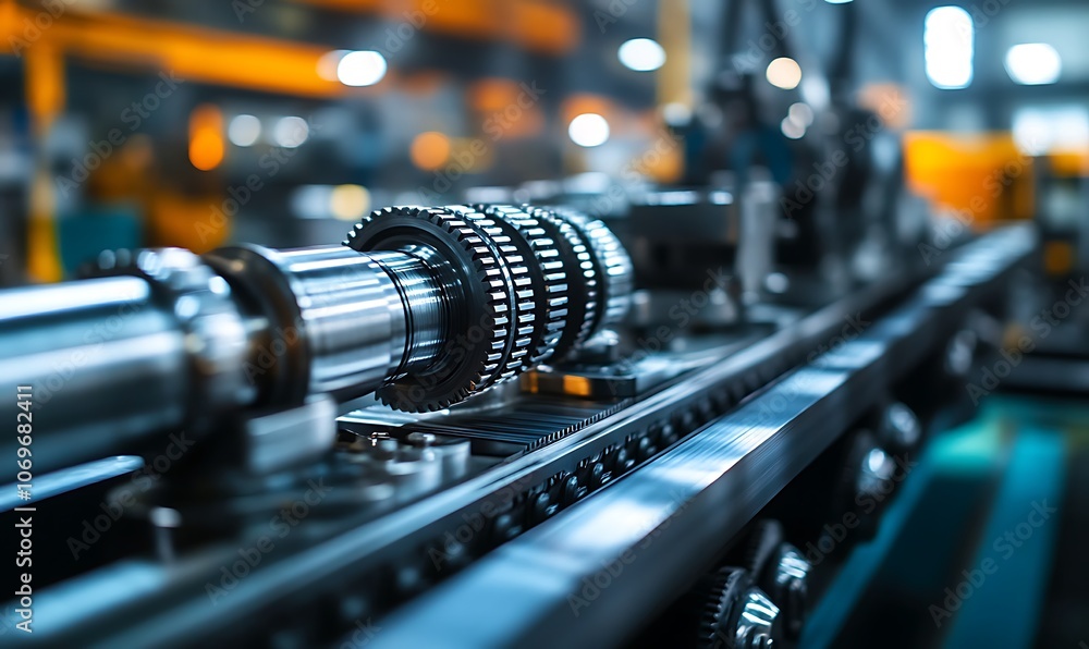Close-up of a metal gear assembly on a factory production line. Close-up of a metal gear assembly on a factory production line.