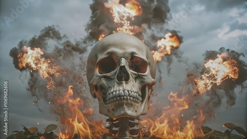 A Skull Surrounded by Fire and Smoke