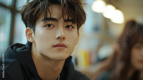 Handsome Young Man in Casual Outfit with Serious Expression in Café Setting