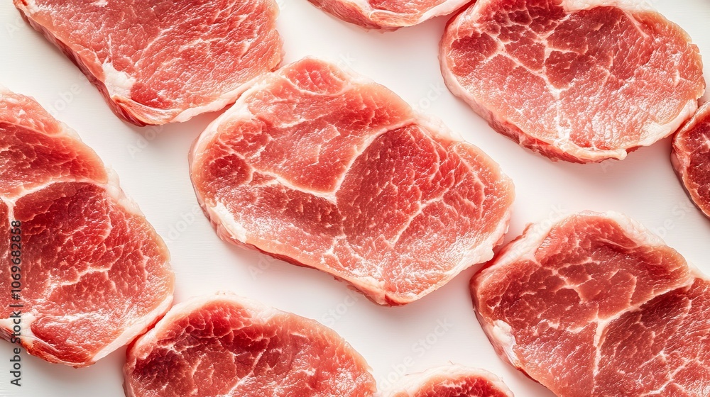 2.Close-up of raw pork collar cutlets, soft pink tones with fine marbling, arranged on a white background, detailed textures and inviting freshness, perfect for packaging display 2.Close-up of raw pork collar cutlets, soft pink tones with fine marbling, arranged on a white background, detailed textures and inviting freshness, perfect for packaging display