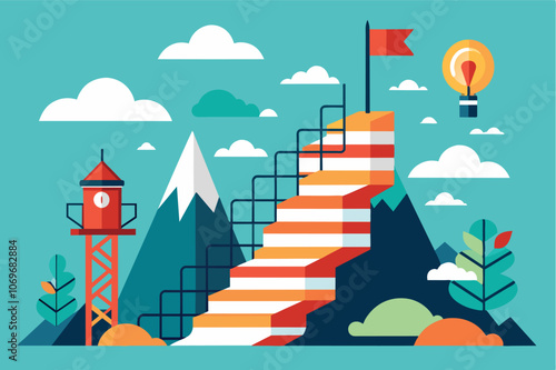 Illustrated Concept of Reaching a Goal With a Stairway to Success