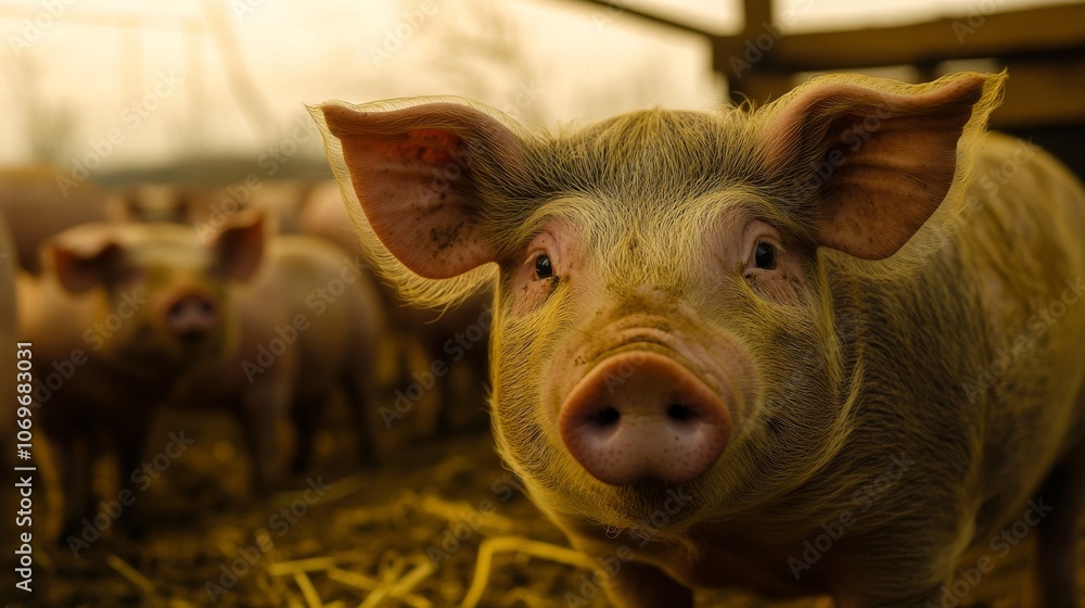 7.Pigs in a modern farming environment, space filled with rows of fattening pigs, earthy tones and soft lighting, focused on healthy livestock, large-scale food production, clean and organized 7.Pigs in a modern farming environment, space filled with rows of fattening pigs, earthy tones and soft lighting, focused on healthy livestock, large-scale food production, clean and organized