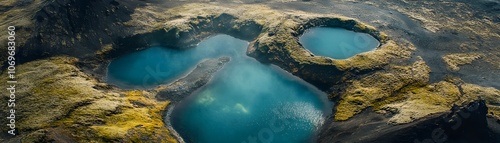 Aerial View of Three Turquoise Lakes in a Volcanic Crater