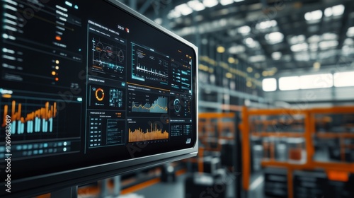 A high-tech screen displaying data analytics in a warehouse setting, showcasing graphs and metrics for operational efficiency. photo