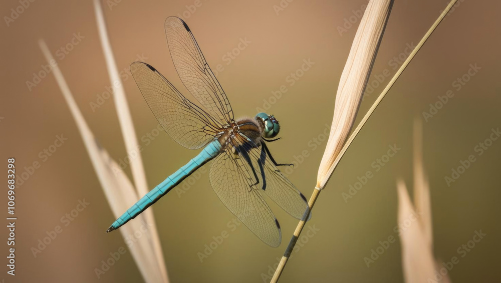 Close up of dragonfly perched on reed, showcasing intricate wing details and serene background Close up of dragonfly perched on reed, showcasing intricate wing details and serene background