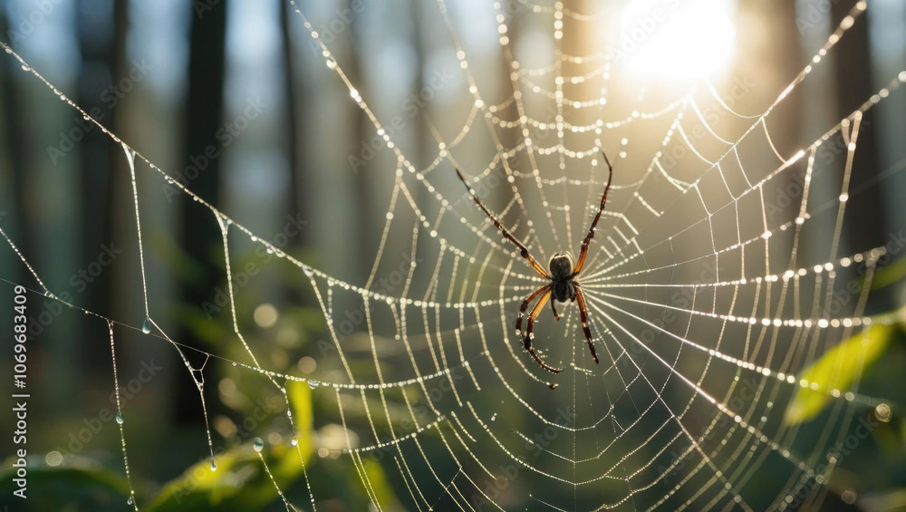 Obraz premium Delicate spider web with morning dew glistening in sunlight, showcasing intricate details