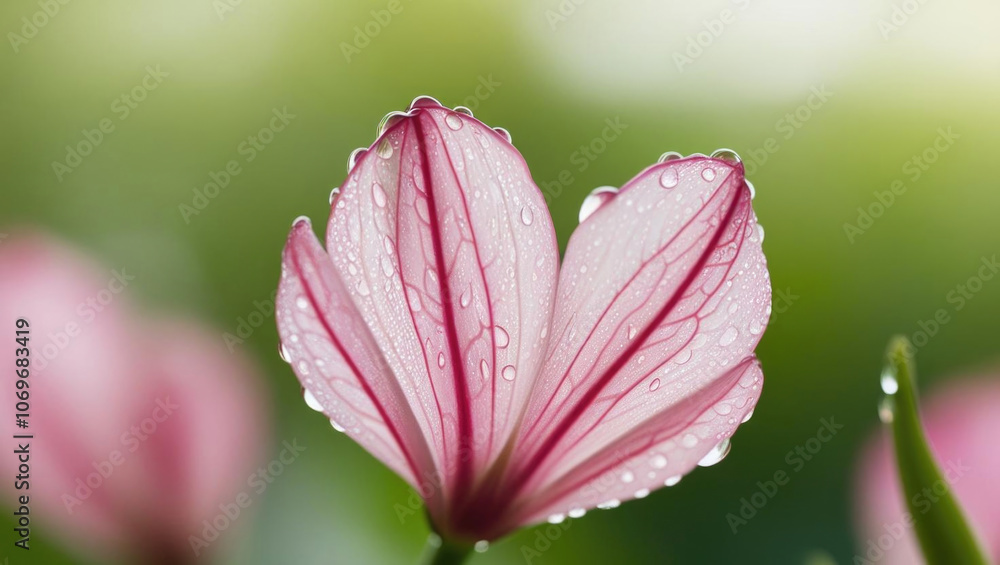 Delicate pink petal with dew, showcasing texture in soft light Delicate pink petal with dew, showcasing texture in soft light