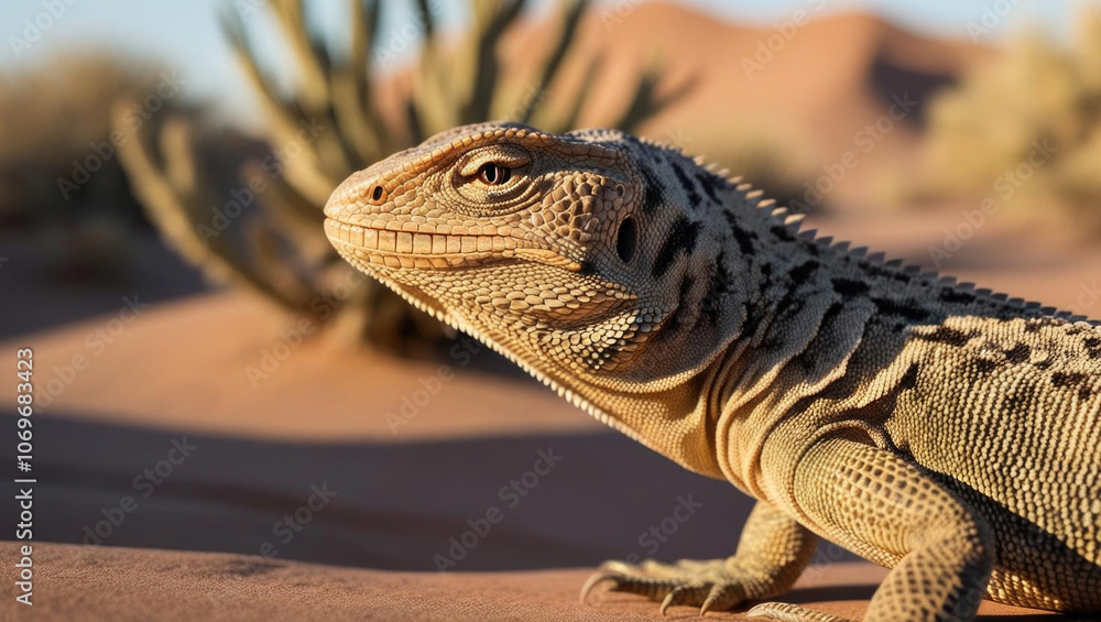 Fototapeta premium Detailed shot of lizard skin texture with vibrant scales and soft sunlight