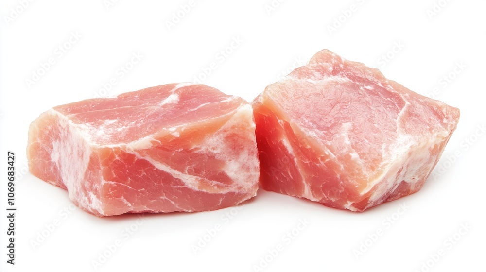 16.Two pieces of fresh pork isolated on a white background, pale pink tones with fine marbling, clean and simple presentation, fresh and inviting, ready-to-cook cuts 16.Two pieces of fresh pork isolated on a white background, pale pink tones with fine marbling, clean and simple presentation, fresh and inviting, ready-to-cook cuts