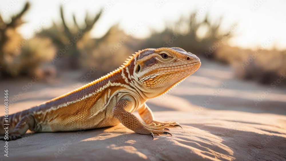 Fototapeta premium Vibrant lizard basking in soft sunlight on sandy terrain, earthy feel