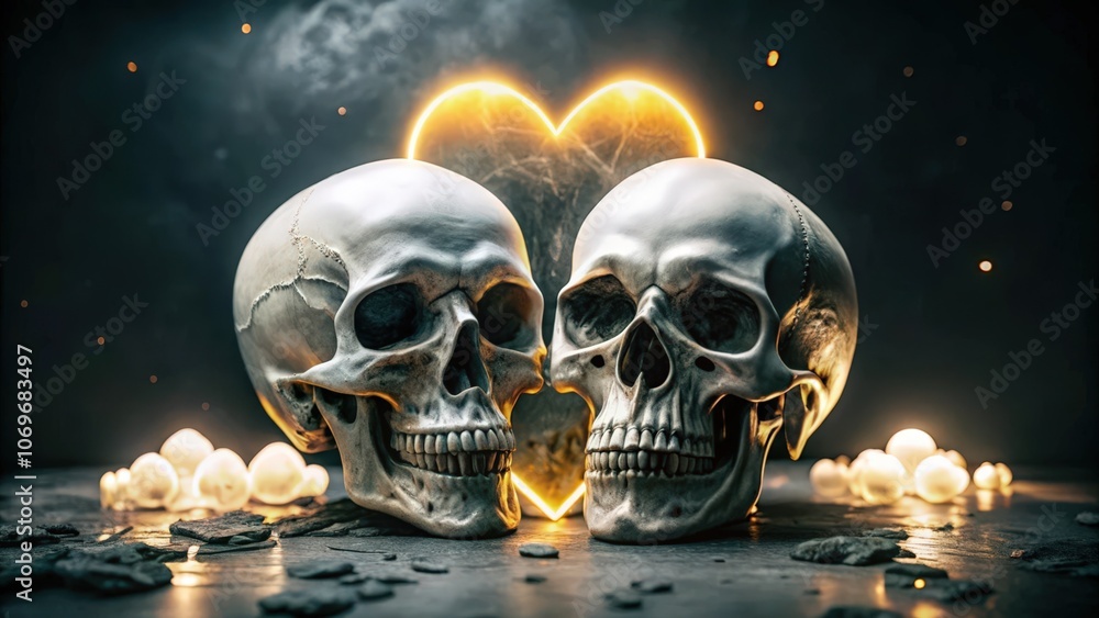 Two Skulls Facing Each Other Under a Glowing Heart Two Skulls Facing Each Other Under a Glowing Heart