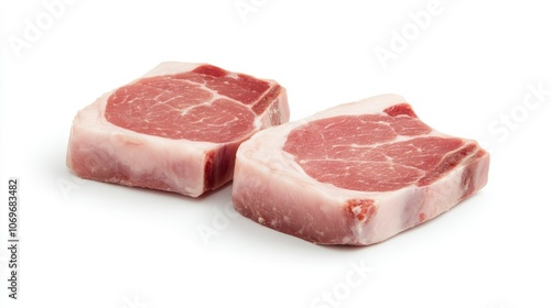 18.Two cuts of pork set against a white background, marbled and vibrant, natural textures and pale pink color, isolated for a fresh and appetizing presentation, clean and detailed