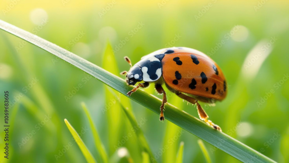 Fototapeta premium Ladybug on grass blade, vibrant colors and intricate shell details, bright morning light