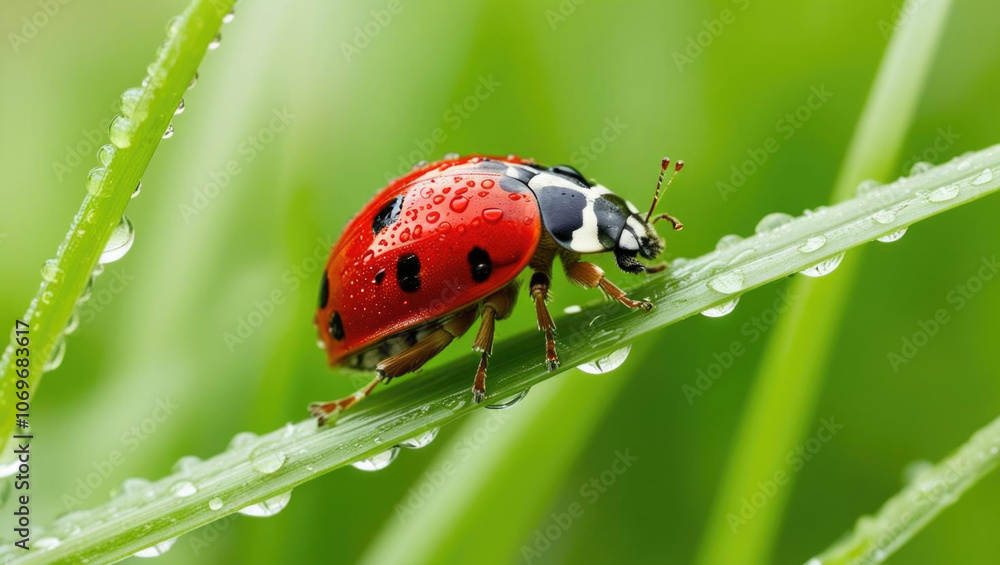 Ladybug on blade of grass with droplets, vibrant red and lush green Ladybug on blade of grass with droplets, vibrant red and lush green