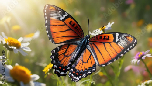 vibrant butterfly with orange and black wings, surrounded by wildflowers, basking in sunlight