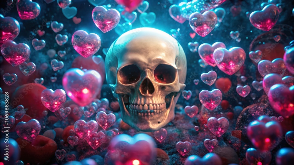 A Skull Surrounded by Glowing Hearts