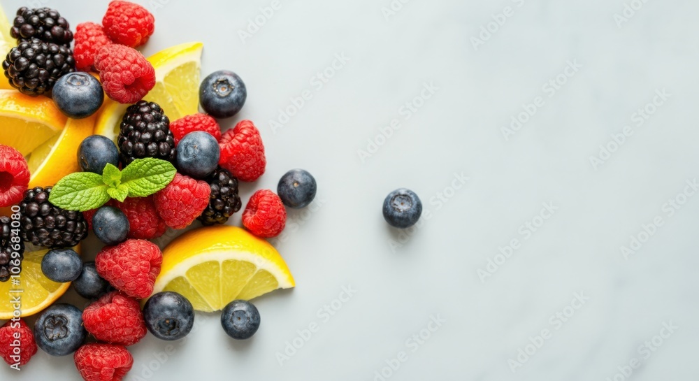 Fresh Berries and Lemon Slices on a White Surface Fresh Berries and Lemon Slices on a White Surface