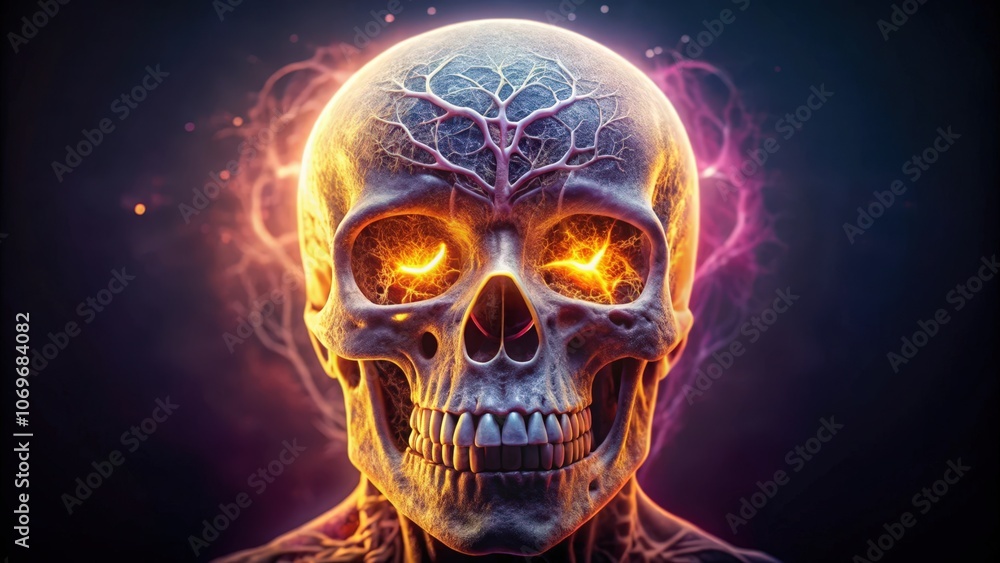 A Burning Skull With Glowing Eyes and Intricate Veins A Burning Skull With Glowing Eyes and Intricate Veins