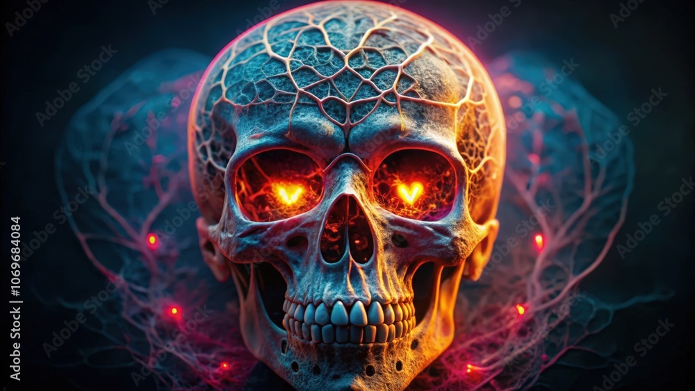 A skull with glowing heart-shaped eyes in a web of neon light A skull with glowing heart-shaped eyes in a web of neon light
