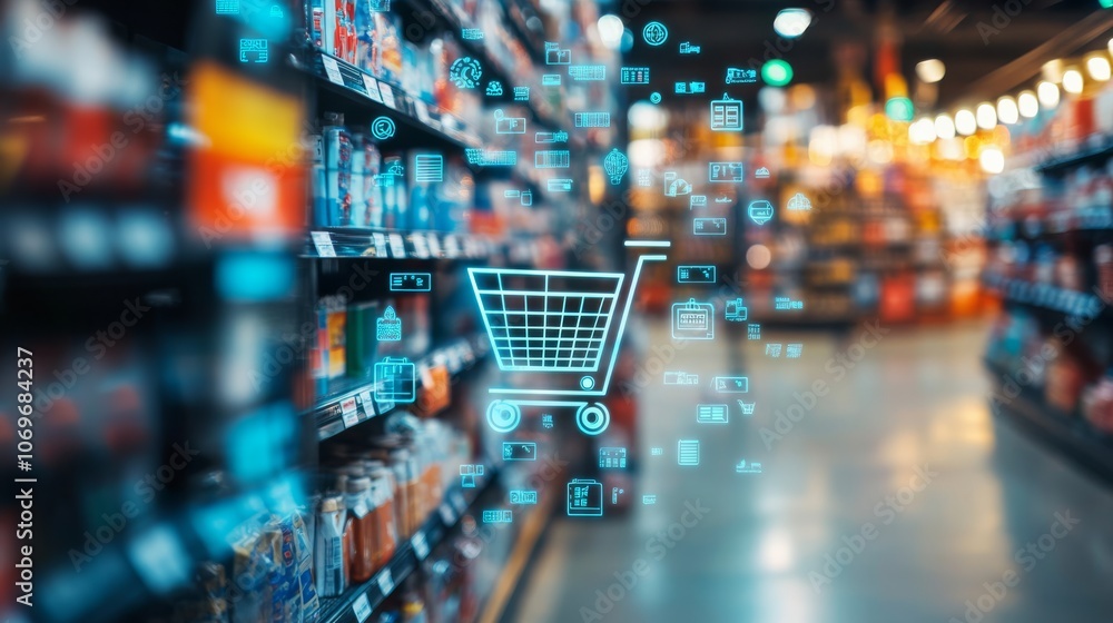 Digital shopping cart overlay in a grocery store aisle, showcasing a modern retail environment with a focus on technology and convenience. Digital shopping cart overlay in a grocery store aisle, showcasing a modern retail environment with a focus on technology and convenience.