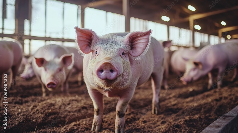 37.Numerous pigs in a well-lit animal shed, feeding stations and clean surroundings, some pigs resting, others eating, organized and spacious environment, modern meat production setting 37.Numerous pigs in a well-lit animal shed, feeding stations and clean surroundings, some pigs resting, others eating, organized and spacious environment, modern meat production setting