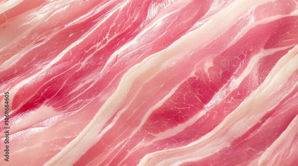 48.Streaky slices of fresh bacon, rich marbling of pink and white layers, isolated against white, delicate textures, ready for packaging, vibrant and detailed presentation 48.Streaky slices of fresh bacon, rich marbling of pink and white layers, isolated against white, delicate textures, ready for packaging, vibrant and detailed presentation